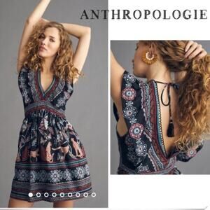 ANTHROPOLOGIE Large black leopard floral tropical mini dress whimsygoth boho